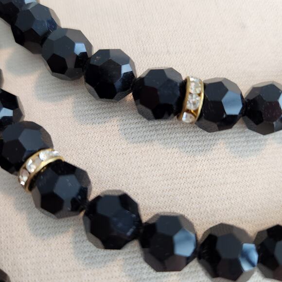 Faceted Black Beaded Multi-Strand Necklace with Rhinestone Accents - Picture 5 of 6